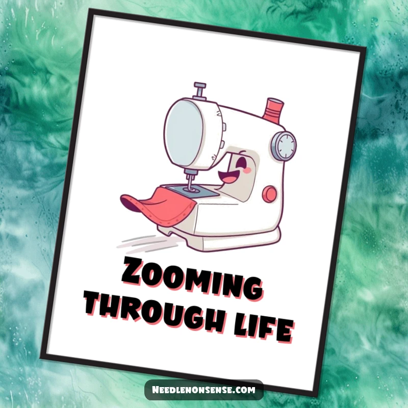 Funny Digital Art Print: A mischievous sewing machine character gleefully zooms across fabric in this dynamic and humorous artwork.