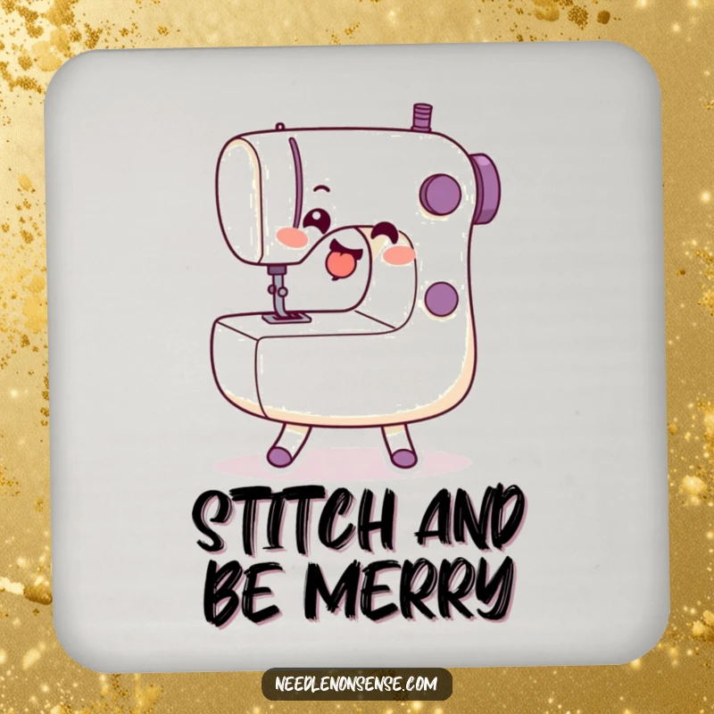 Funny Drink Coaster with a dancing sewing machine character, adding a touch of whimsy to drink service.