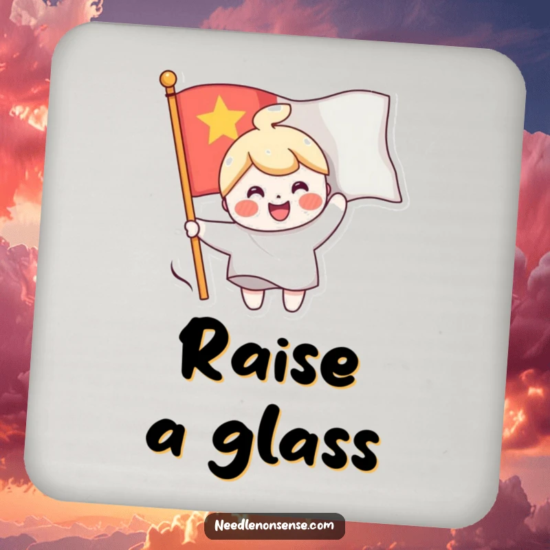 Funny drink coaster with a cheerful character sewing a smiling face onto a waving flag, adding a touch of happy symbolism.