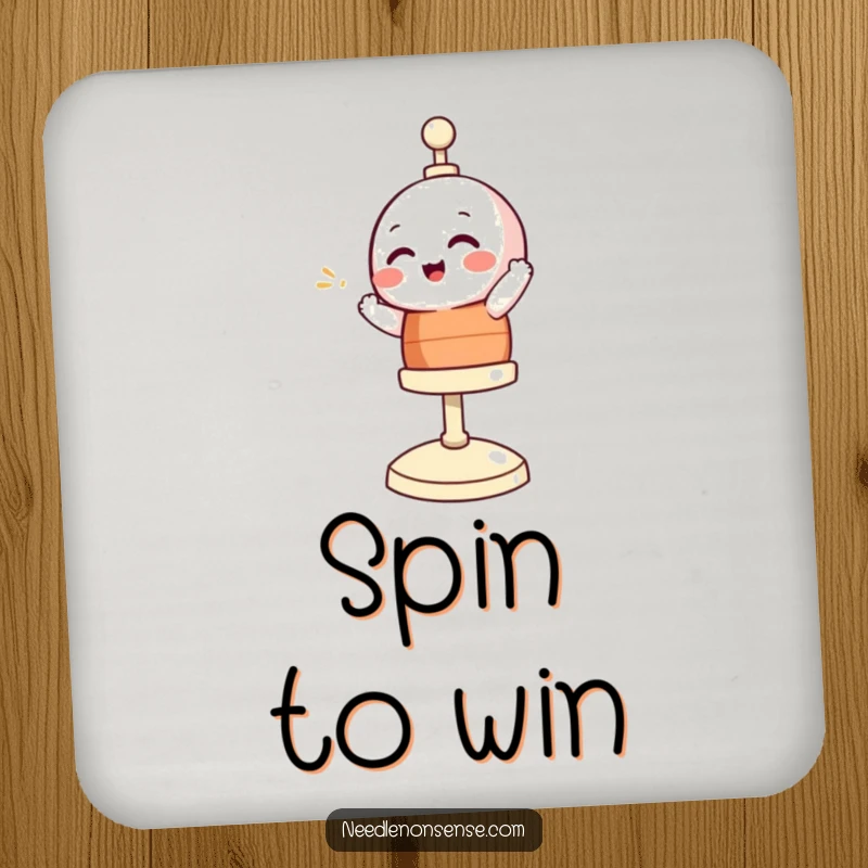 Funny drink coasters featuring a giggling bobbin character spinning, adding a touch of sewing humor to beverage service.