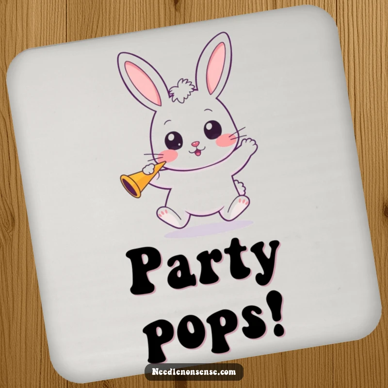 Funny Kawaii Bunny Drink Coaster: A wide-eyed kawaii bunny holds a party horn, adding cheerful protection.