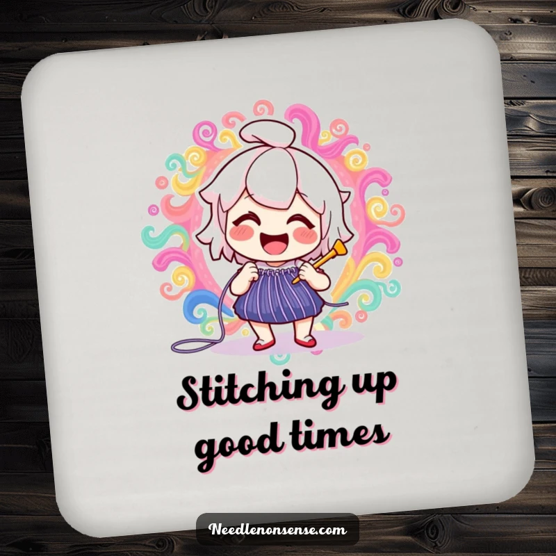 Funny delighted needle character joyfully stitching a vibrant, swirling pattern, a humorous detail on this protective drink coaster.