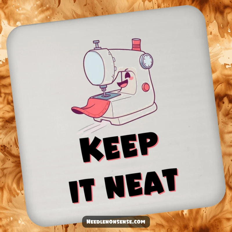 Funny Coaster: A mischievous sewing machine character gleefully zooms across fabric, adding playful protection with sewing-themed charm.