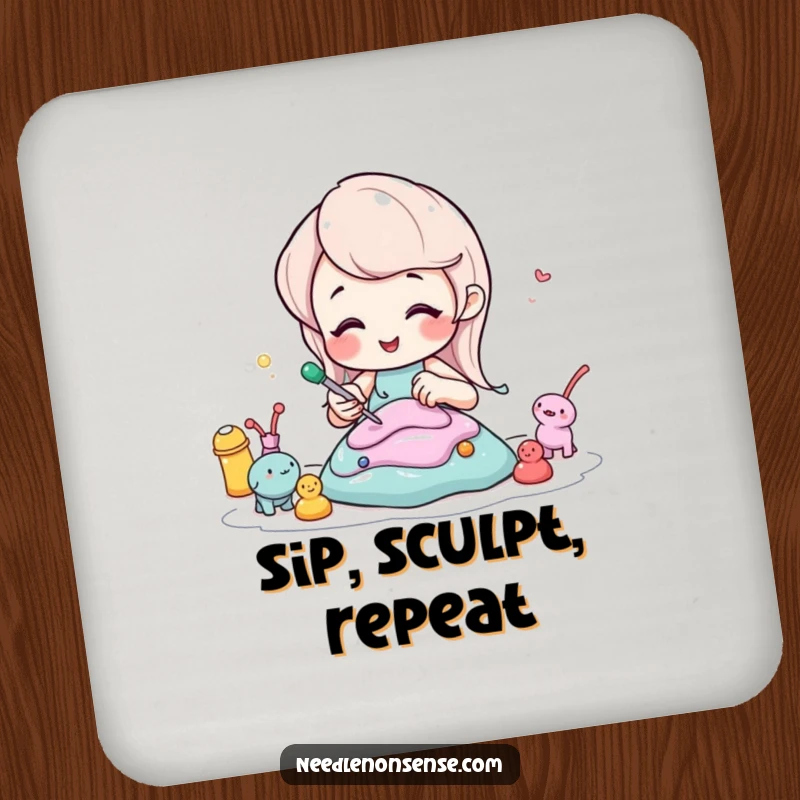 Funny drink coasters featuring a bubbly soda character sculpting miniature figures, offering artistic surface protection.