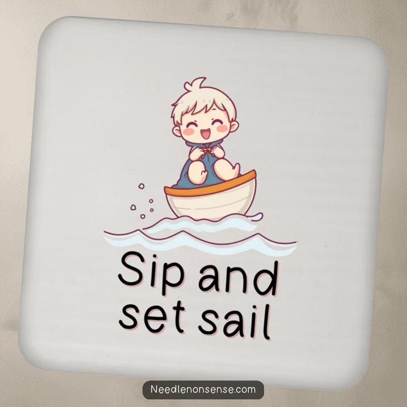 Funny drink coaster with a giggling character sailing a thimble boat, protecting surfaces with a humorous and tiny adventure.