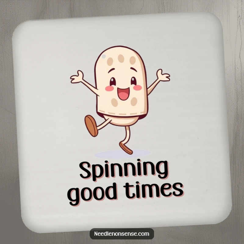 Funny playful thimble character performing a triumphant cartwheel, printed on a protective drink coaster.