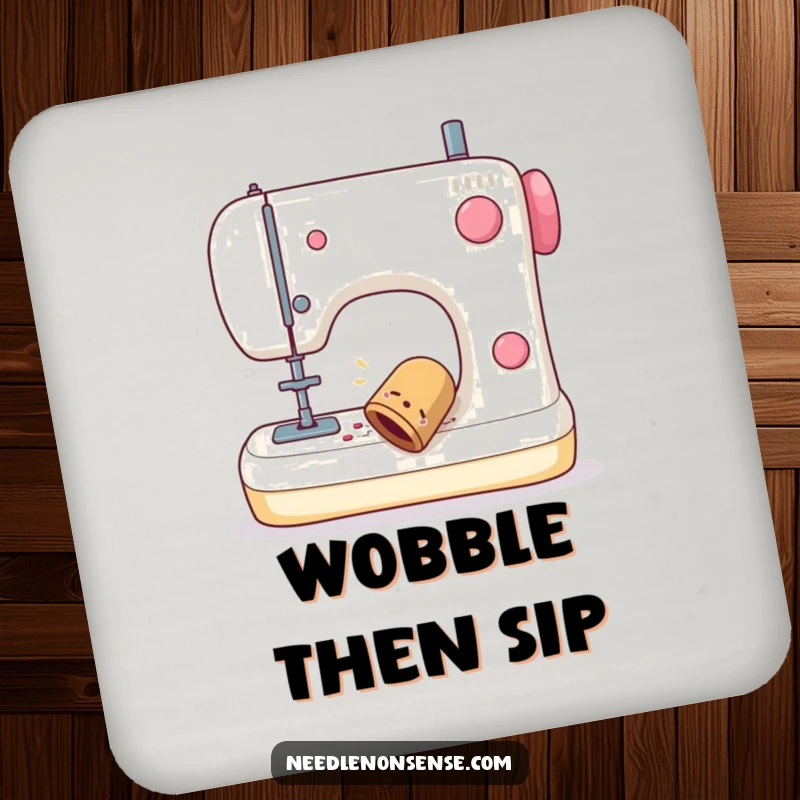 Funny drink coaster illustrating a sewing thimble wobbling off a sewing machine, adding a humorous touch to surfaces.
