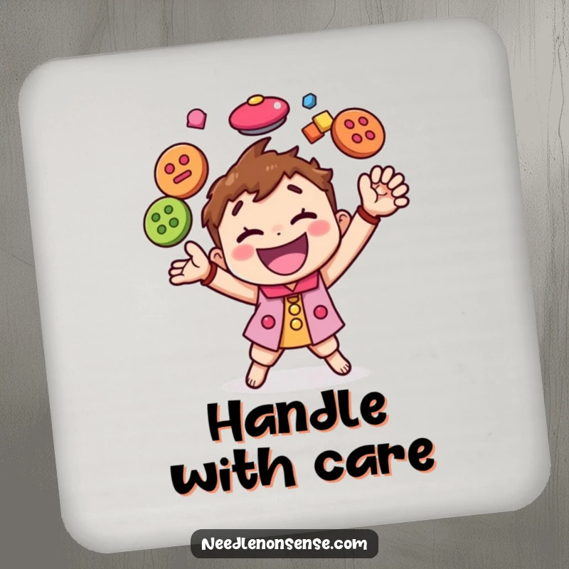 Funny drink coaster with a happy character energetically juggling colorful buttons, adding a touch of crafting humor to surfaces.
