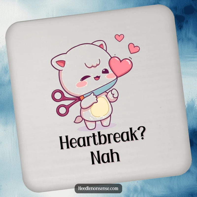 Funny Coaster: Mischievous character playfully cutting a floating heart with scissors, a humorous and practical table accessory.