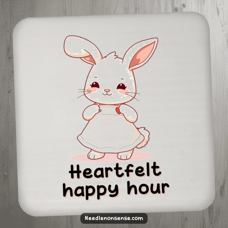 Funny playful bunny wearing a cute apron, stitching a tiny heart, a cute and humorous drink coaster set.