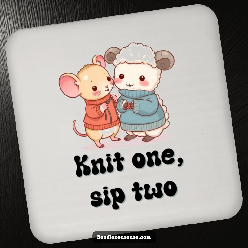 Funny Mouse and Sheep Knitting Coasters, a tiny mouse knits a sweater for an amused sheep, funny table decor.