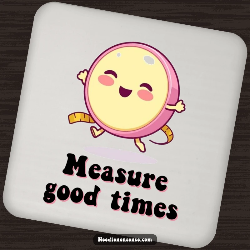 Funny drink coaster with a round measuring tape character happily bouncing like a yo-yo, protecting surfaces.
