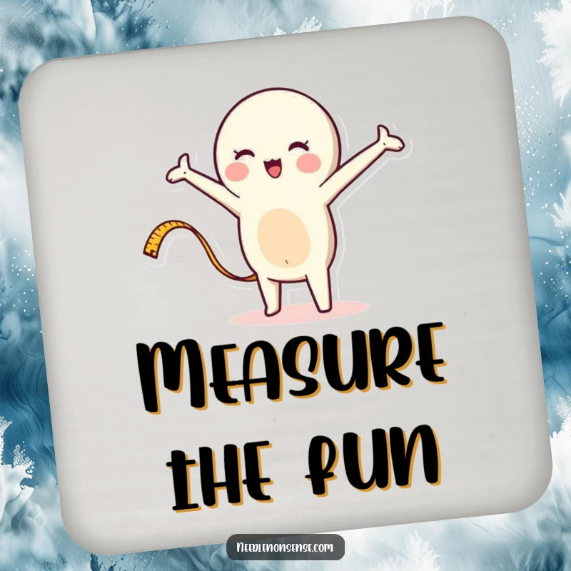 Funny drink coasters featuring a whimsical measuring tape character stretching, adding a touch of DIY humor to beverage service.