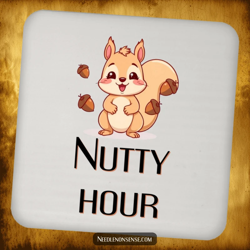 Funny kawaii squirrel juggling acorns with a surprised expression, on a cute and humorous drink coaster.