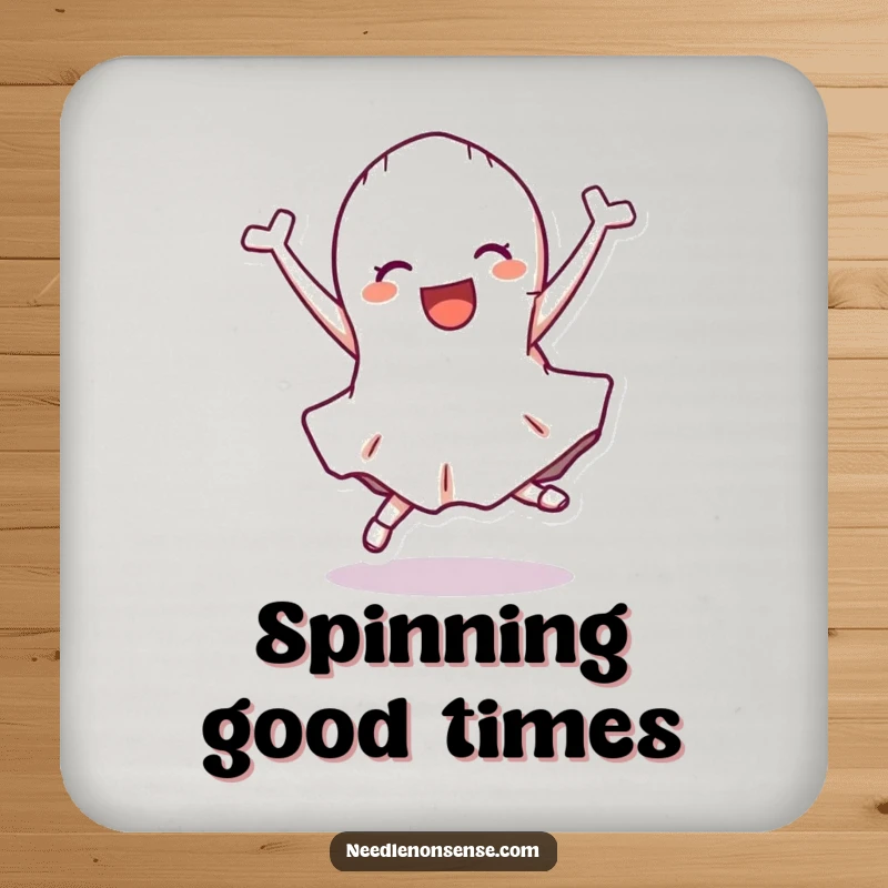 Funny Drink Coaster with a cartwheeling fabric scrap character, adding a touch of whimsy to beverage placement.