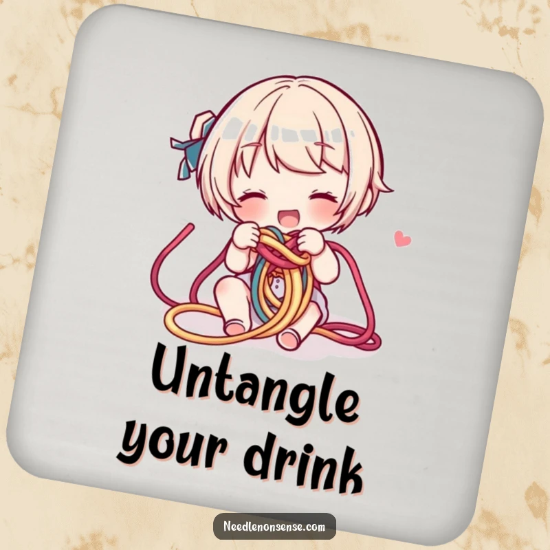 Funny Yarn Knot Coasters: A character untangles a colorful yarn knot, adding a fun, crafty vibe to your table.