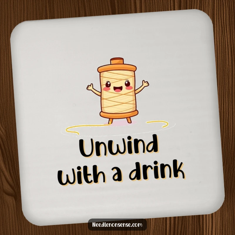 Funny thread spool character drink coaster, unspooling delightfully, adding a humorous and protective touch to surfaces.