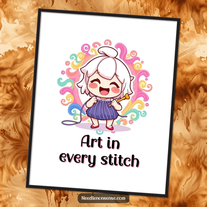 Funny delighted needle character joyfully stitching a vibrant, swirling pattern, a humorous piece of art for this poster.