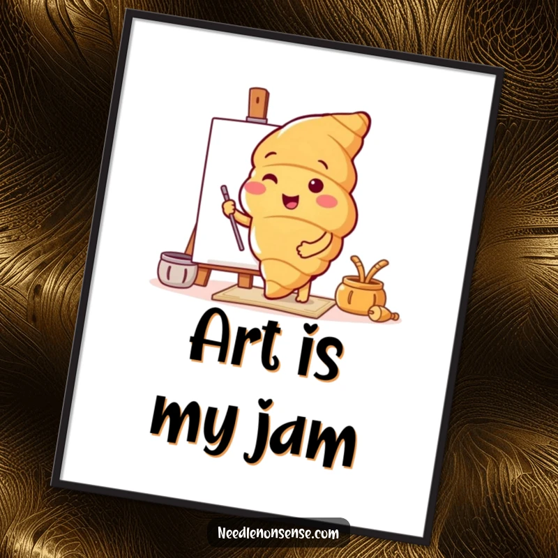 Funny poster art of a cheerful croissant character preparing a blank canvas, ready for artistic creation.