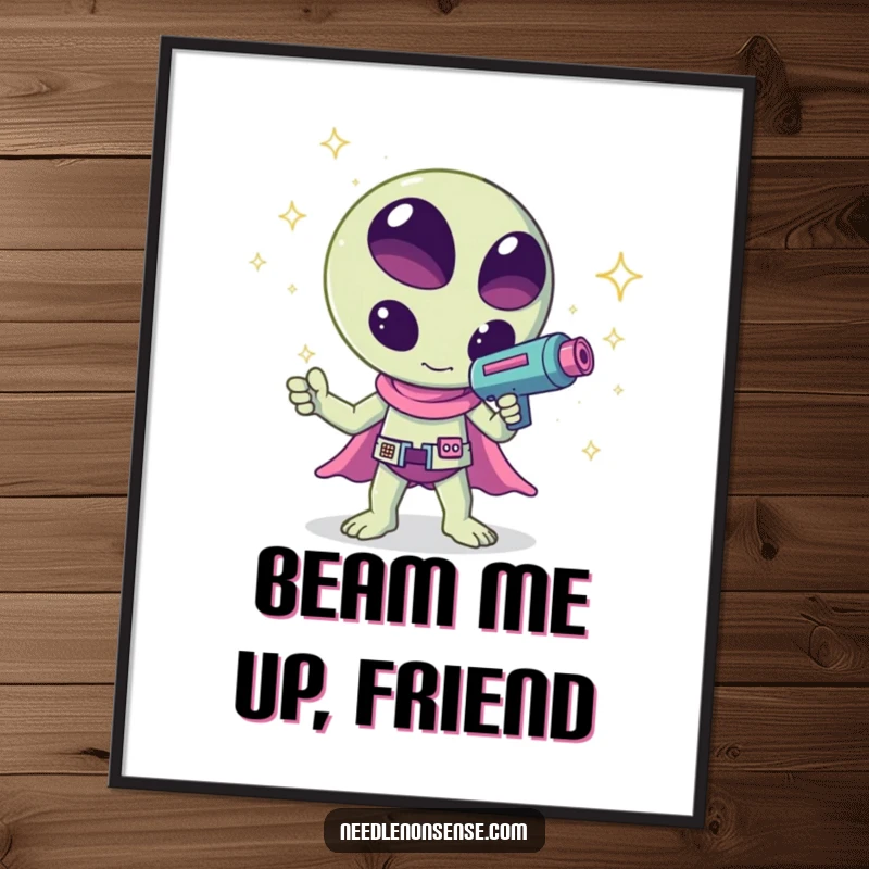 Funny kawaii alien waving a ray gun that shoots sparkles, a humorous and cute design on this poster, ideal for wall decor.