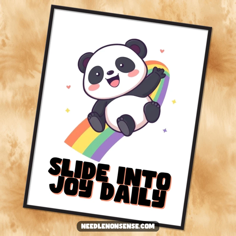 Funny Kawaii Panda poster capturing a panda's gleeful descent down a brilliant rainbow, a delightful piece of art.