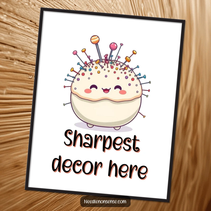 Funny pincushion character poster, overflowing with tiny, sparkling pins, adding visual interest and humor to decor.