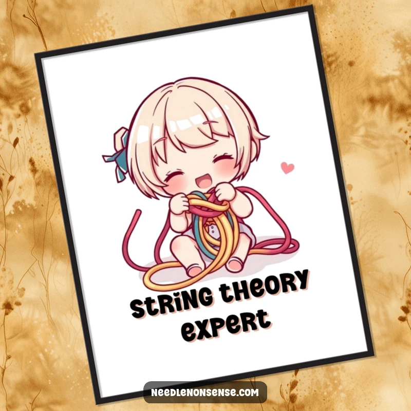 Funny Yarn Knot Poster: A character joyfully untangles a vibrant, messy knot of yarn, bringing crafty fun to decor.