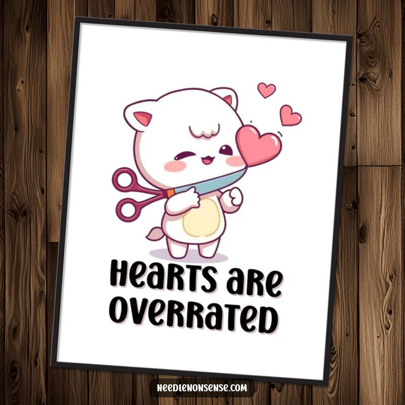 Funny Poster: Mischievous character playfully cutting a floating heart with scissors, a vibrant and humorous wall art.