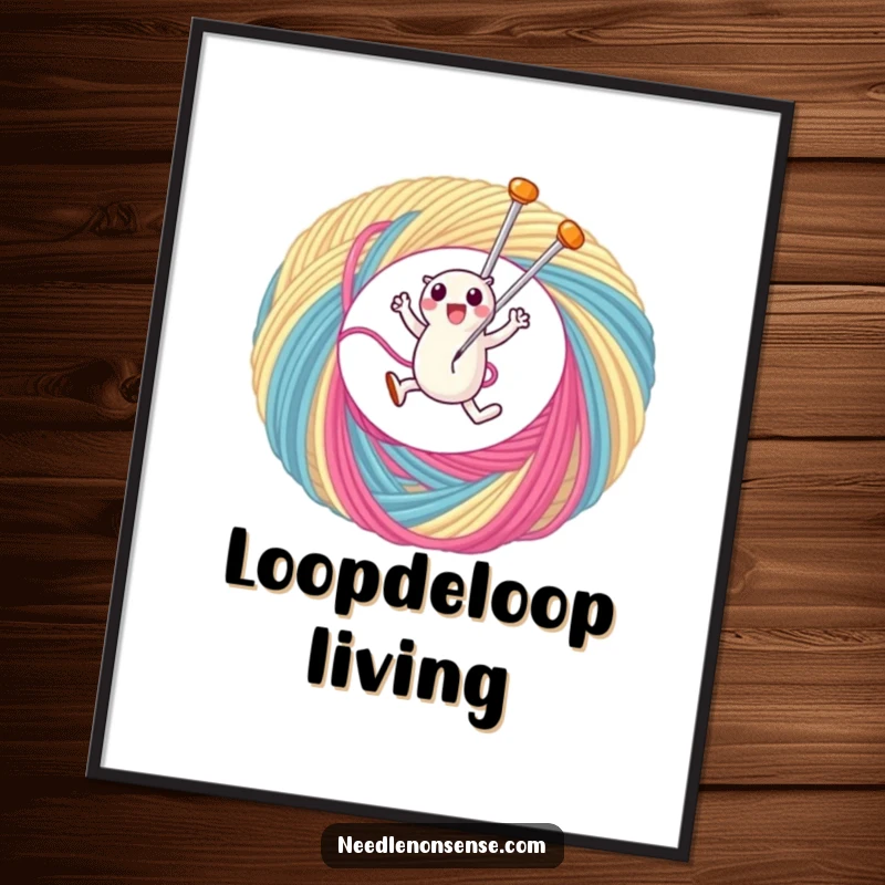 Funny poster featuring a cute needle character gleefully leaping through a giant loop of colorful thread, adding artistic flair.