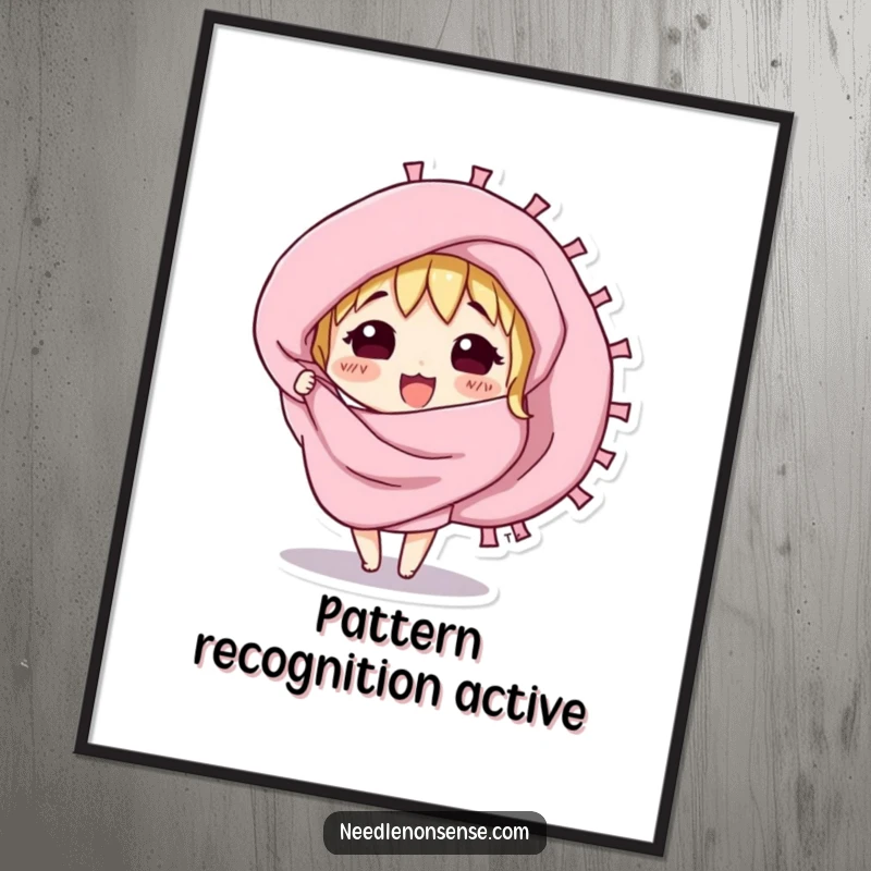 Funny poster featuring a curious fabric swatch character excitedly unfurling, representing artistic exploration and design.