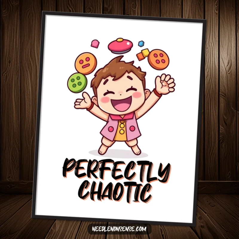 Funny poster art of a happy character enthusiastically juggling a cascade of colorful buttons, celebrating crafting with vibrant motion.