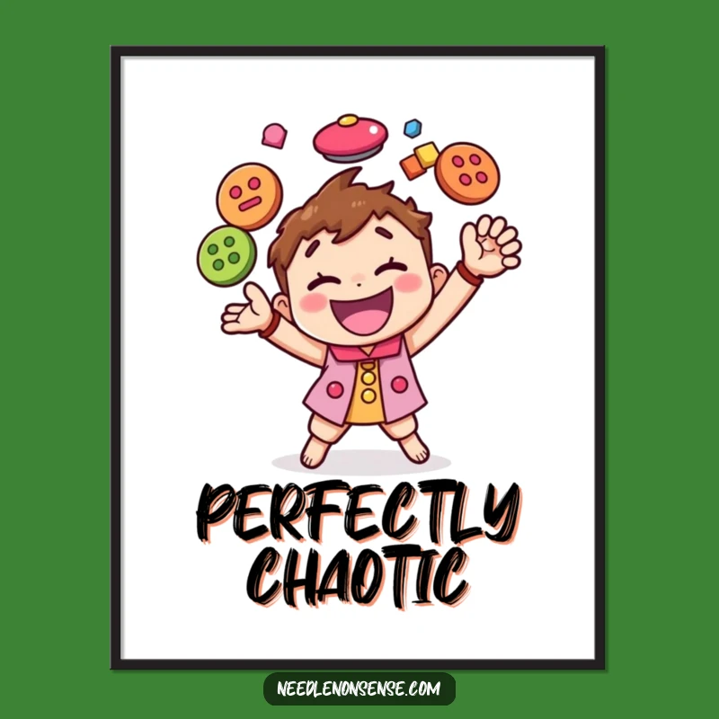 Funny Button Juggling Character Poster, a Vibrant and Hilarious Piece of Crafting Art Gift