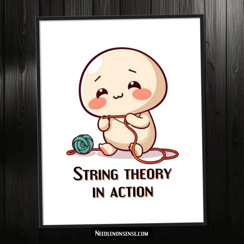 Funny poster showcasing a giggling needle character enthusiastically threading colorful string, a joyful piece of wall art.