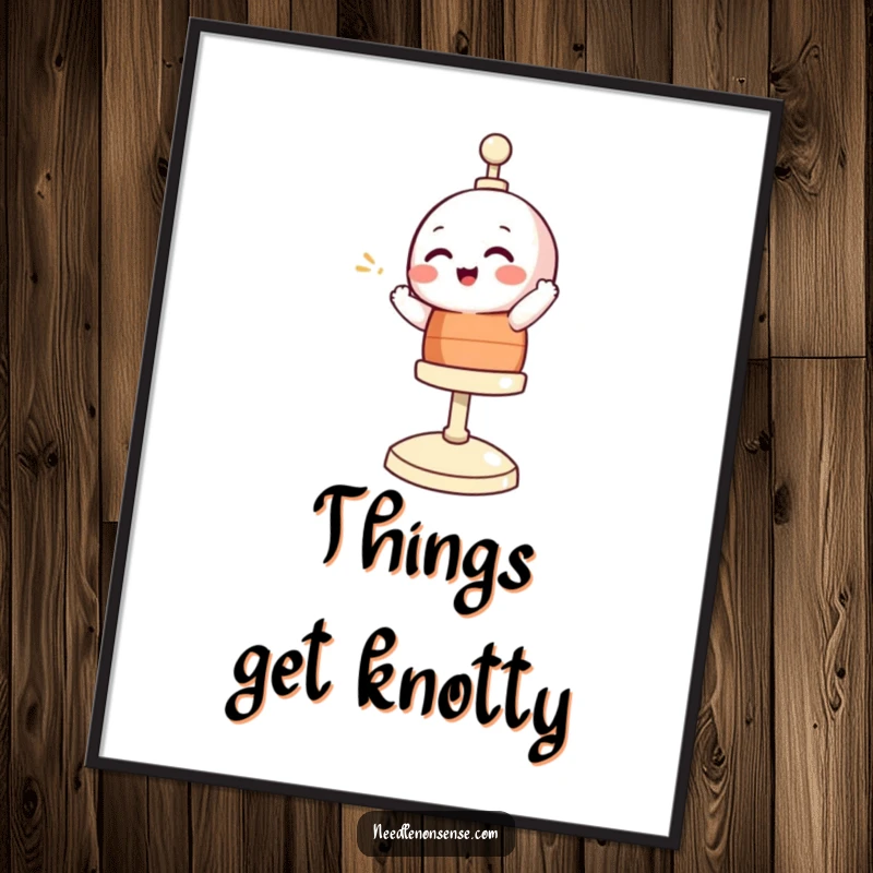 Funny poster print of a giggling bobbin character spinning merrily, adding a humorous artistic touch to sewing room decor.