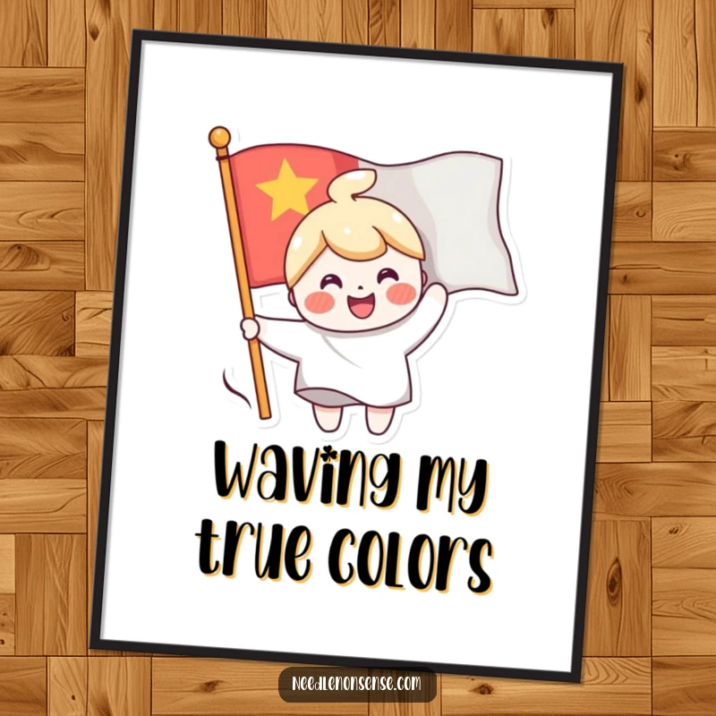 Funny poster art of a cheerful character sewing a smiling face onto a waving flag, creating a vibrant and uplifting scene.