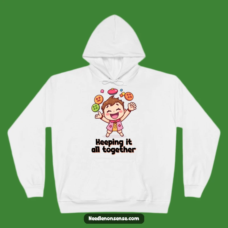 Cozy Funny Button Juggling Character Hoodie, a Warm and Hilarious Gift for Crafters