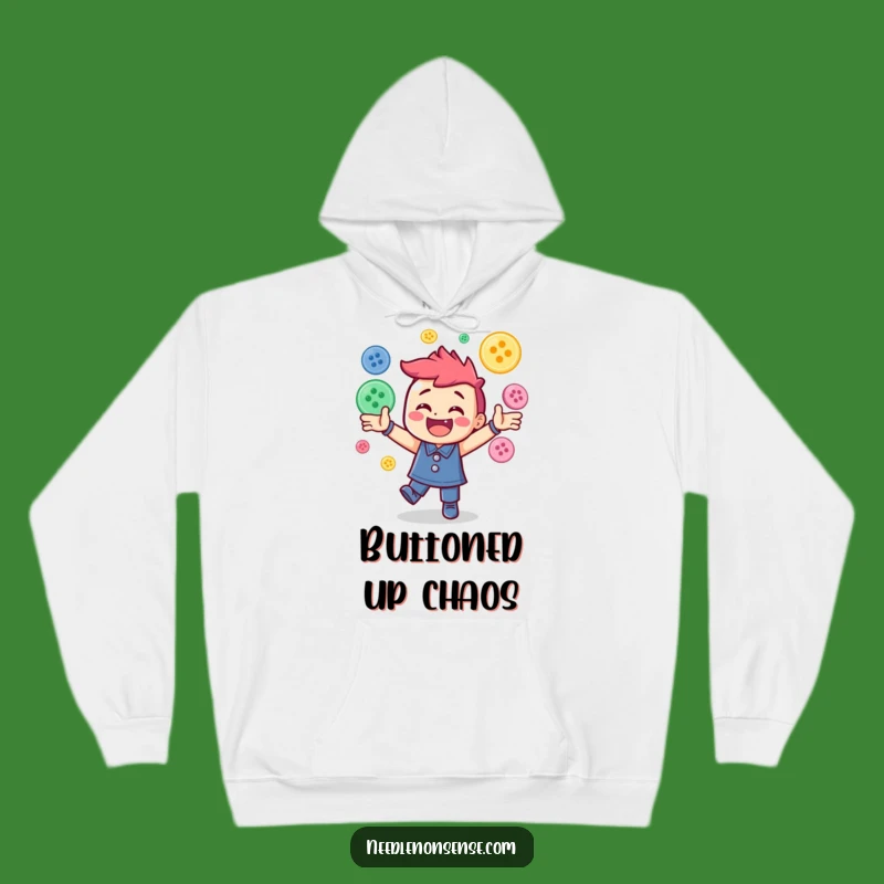 Funny Button Juggling Hoodie: Cozy Crafter Gift with Happy Character