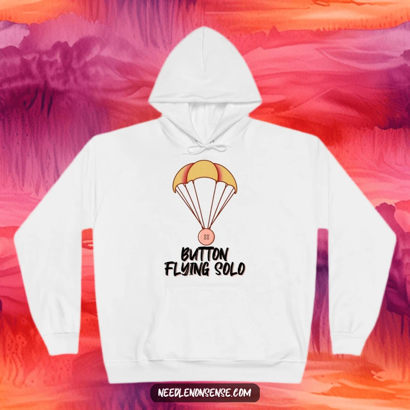 Funny Button Parachute Hoodie, a tiny button parachutes using a fabric swatch, funny cozy gift.