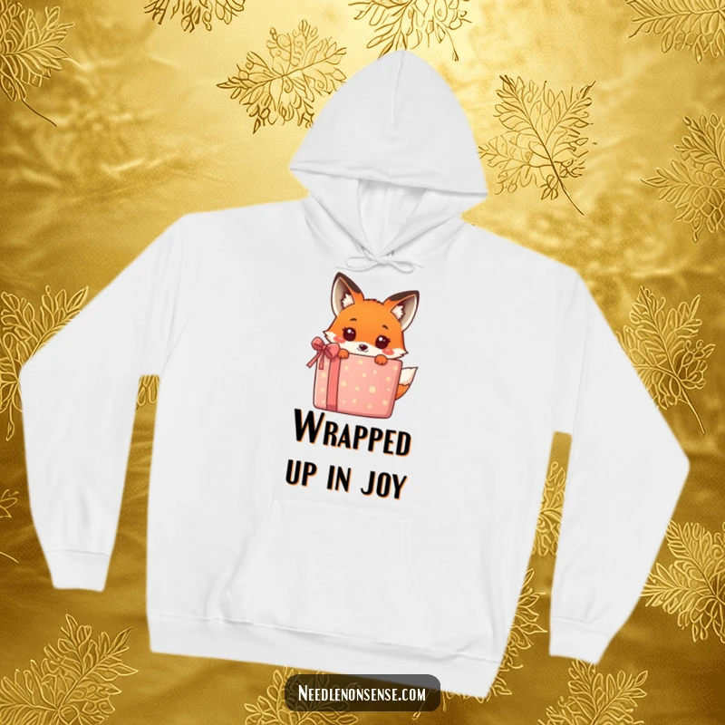 Funny kawaii fox hiding behind a huge, bright gift box, offering a humorous and adorable look on this cozy hoodie.