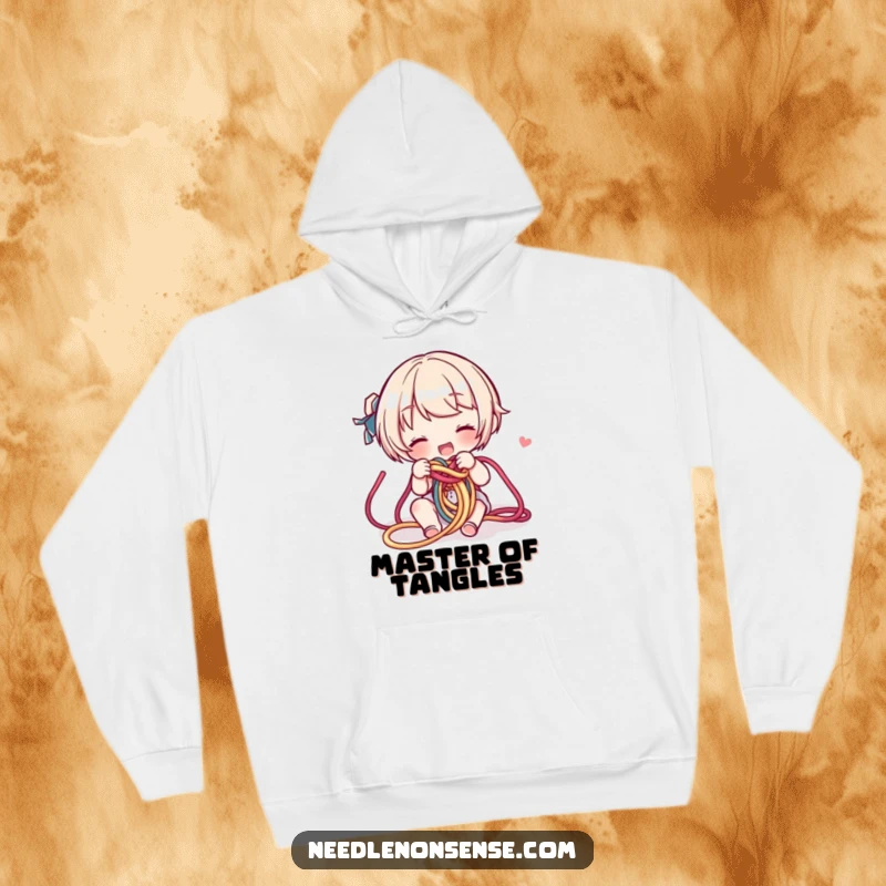 Funny Yarn Knot Hoodie: A character playfully untangles a colorful, jumbled knot of yarn, offering warmth and humor.
