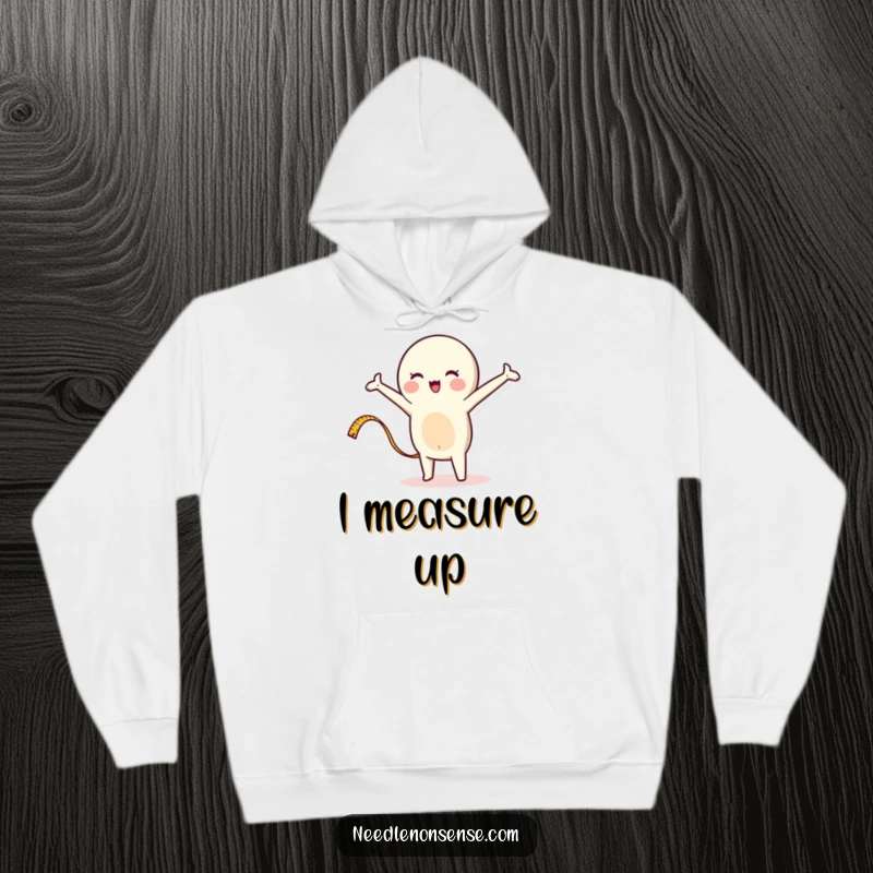 Funny hoodie featuring a whimsical measuring tape character stretching enthusiastically, providing warmth and a humorous design for makers.