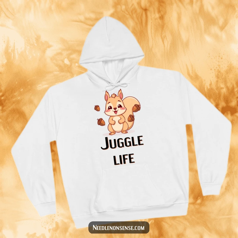 Funny kawaii squirrel juggling a pile of acorns with a shocked look, featured on a comfortable hoodie.