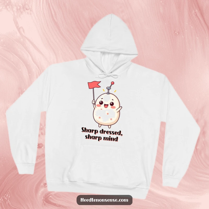 Funny Hoodie showcasing a happy pin cushion character with a pin held aloft like a proud flag, ready for adventure.