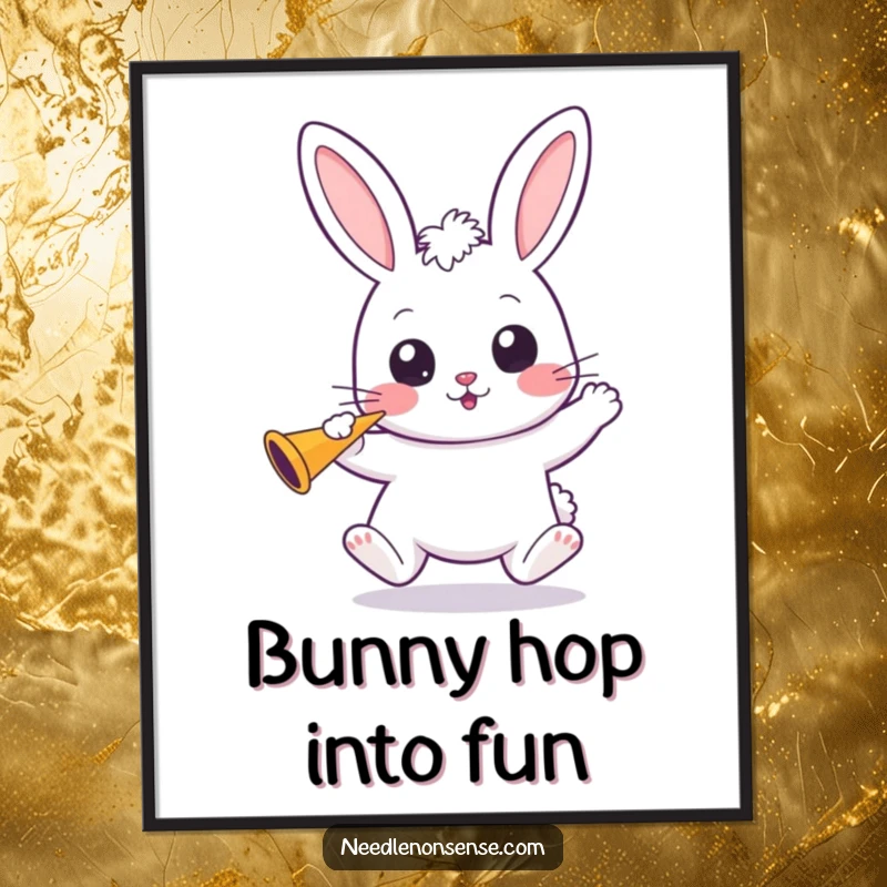 Funny Free Printable Wall Art of a bouncing kawaii bunny with wide eyes, holding a party horn, radiating excitement.