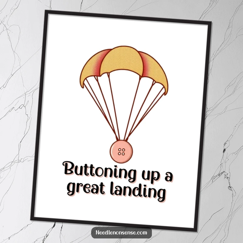 Funny Free Printable Wall Art: Tiny button using colorful fabric as a parachute, a whimsical and imaginative piece.