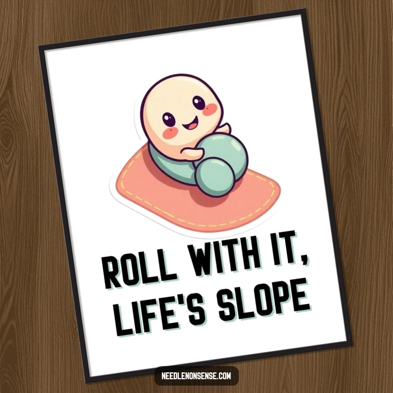 Funny Free Printable Wall Art featuring a smiling button character playfully rolling down a fabric slope, a whimsical decor piece.