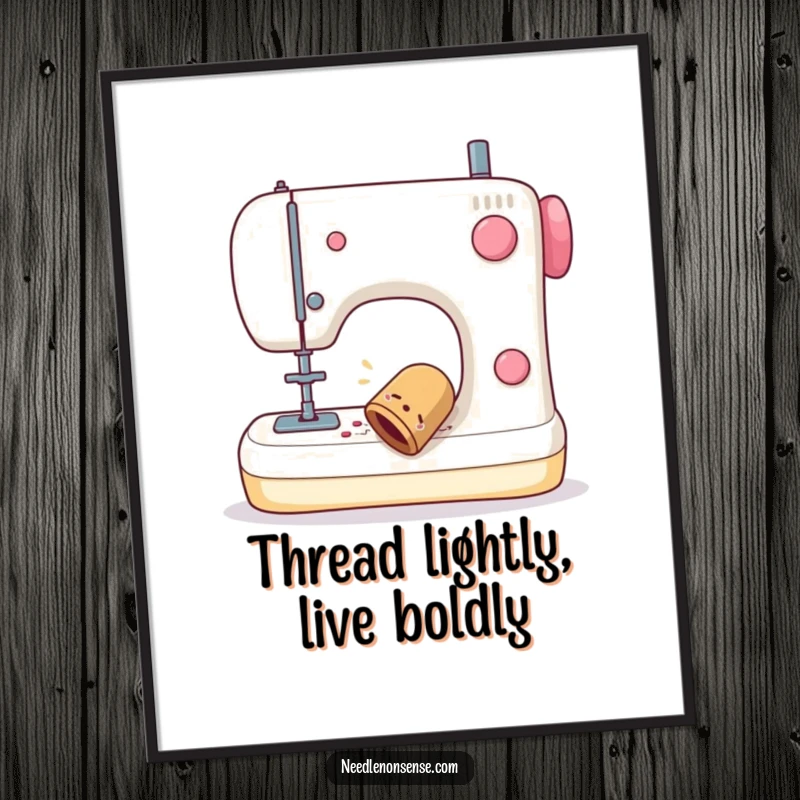 Funny free printable wall art depicting a thimble comically wobbling off a sewing machine, a humorous decorative piece.