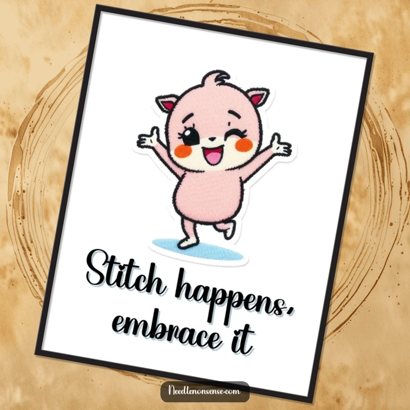 Funny Free Printable Wall Art of a determined fabric patch character performing an energetic happy dance, full of joy.