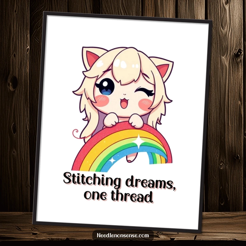 Funny Free Printable Wall Art: A joyful character skillfully stitching a vibrant, glowing rainbow with a shimmering, magical thread.