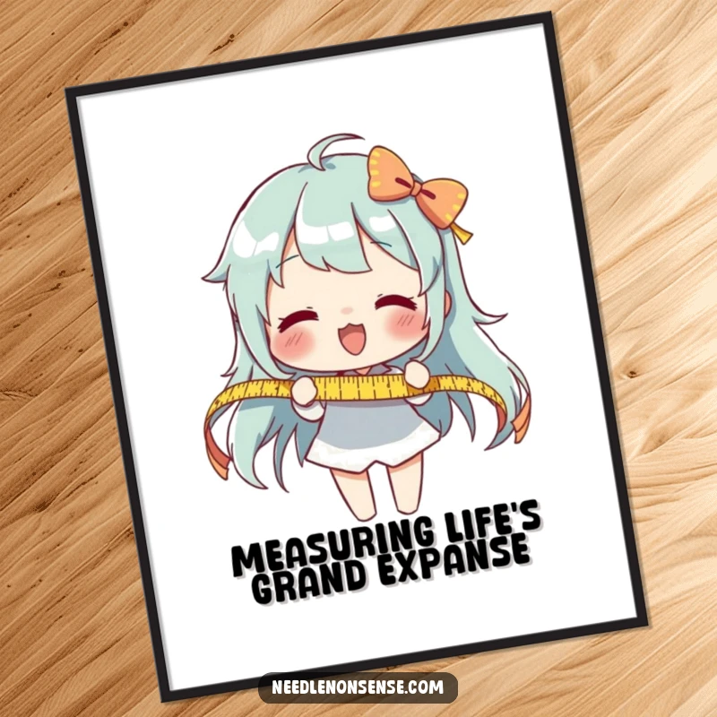 Funny Free Printable Wall Art: Character enthusiastically measuring a very long ribbon, a celebration of precision and detail.